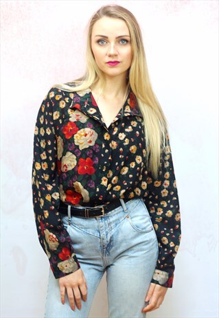 1990S VINTAGE BLACK FLORAL PRINT OVERSIZED SHIRT