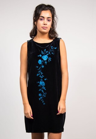 VINTAGE 90'S BLACK VELVET FLORAL PATTERN MIDI DRESS