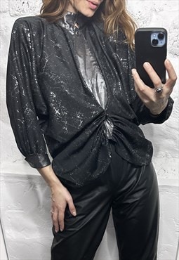Glossy Silver Black Blouse - Large 