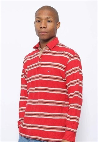 VINTAGE TOMMY HILIFGER LOGO STRIPED RUGBY SHIRT RED