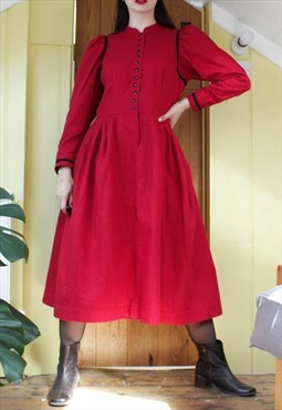 Vintage 70s long sleeve high neck red cotton Austrian dress