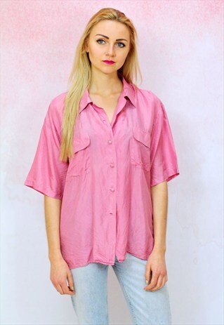 1980S VINTAGE OVERSIZED PINK PURE SILK BOYFRIEND SHIRT