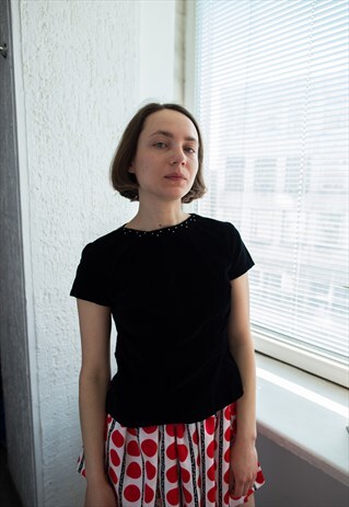 VINTAGE 60'S BLACK VELVET BEADED HANDMADE SHORT SLEEVED TOP