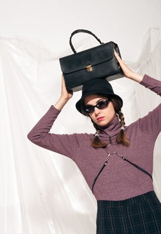 VINTAGE BOX BAG 60S MOD BLACK LEATHER HANDBAG