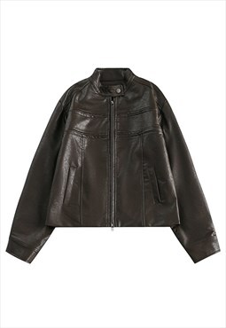 Faux leather jacket racing bomber retro varsity in brown