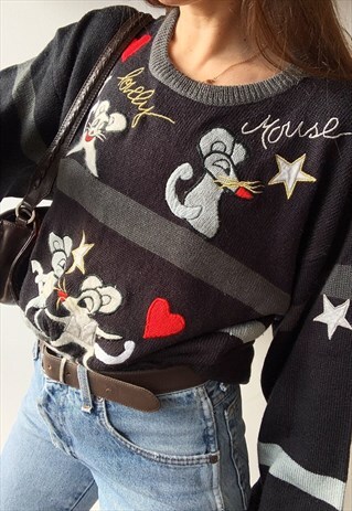 VINTAGE 80S MICE GRAPHIC EMBROIDERED CHRISTMAS KNIT JUMPER
