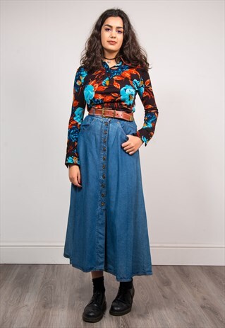 VINTAGE 90'S BLUE DENIM BUTTON DOWN MIDI SKIRT