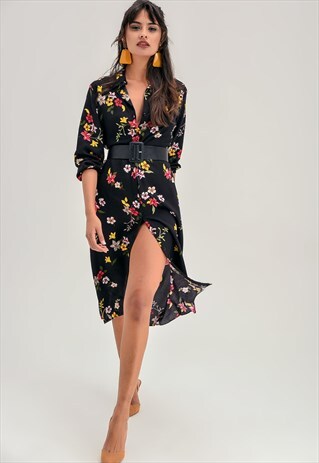 FLORAL BLACK DRESS WITH BELT