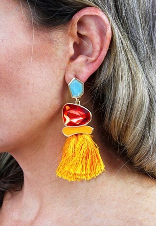 YELLOW GEM TASSEL FRINGE CHANDELIER DROP DANGLE EARRINGS