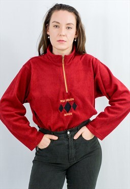 Red fleece sweatshirt vintage 90s warm top burgundy L/XL