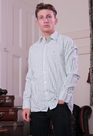 VINTAGE MENS TOMMY HILFIGER STRIPED SHIRT GREEN