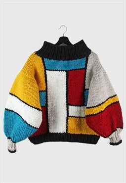 One off hand knitted handmade pullover Piet Mondrian XS S M
