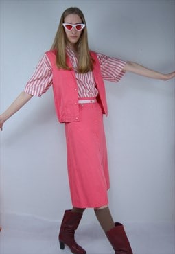 Vintage 80's retro vest midi skirts suit set in bright pink