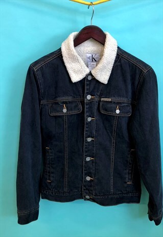 CK CALVIN KLEIN DARK DENIM SHEARLING JACKET