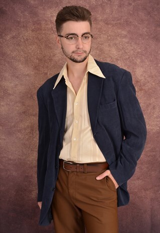 VINTAGE 80'S SOFT CRUSHED VELVET FITTED SUIT JACKET BLUE
