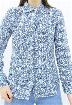 90s Vintage Blue Floral Collared Shirt Blouse
