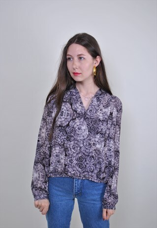 90S FLORAL PATTERN PULLOVER V-NECK BLOUSE, SIZE M