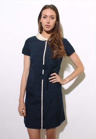 VINTAGE 1960'S 60'S MOD DUPIONI SILK NAVY CREAM DRESS S-M