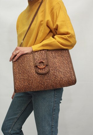 VINTAGE 80' AMAZING BEAUTIFUL BROWN NATURAL STRAW BAG