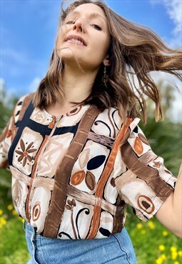 1980's vintage block print floral short sleeve blouse