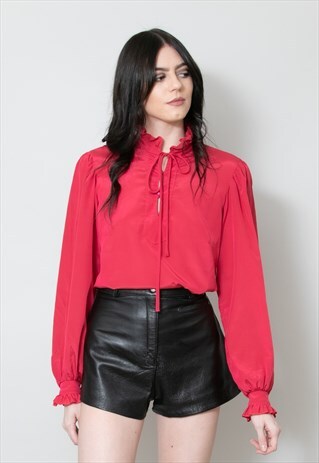 70'S VINTAGE LADIES RED LONG SLEEVE PUSSY BOW BLOUSE