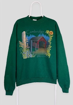 Vintage Green Sweatshirt Cambridge Illinois Graphic Large