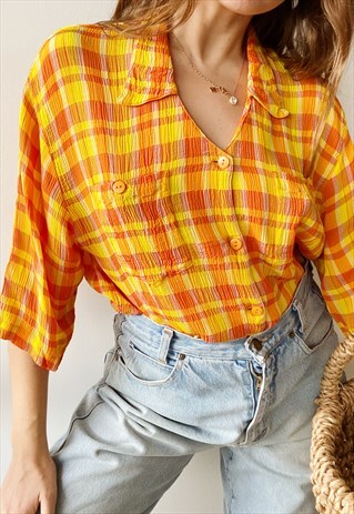 VINTAGE 90S PARISIAN CHIC CRINKLED CHECKED SHIRT TOP BLOUSE