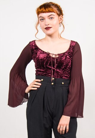 VINTAGE 90'S PURPLE VELVET GRUNGE BOHO SLEEVED TOP