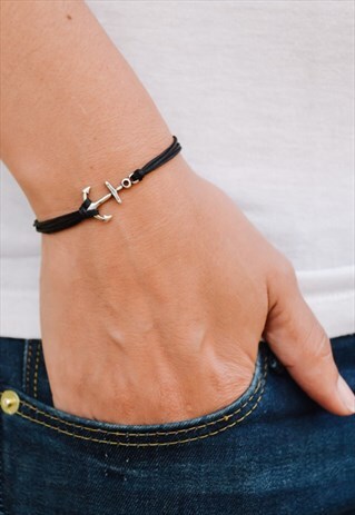 SILVER ANCHOR CHARM BRACELET BLACK CORD CHARM ADJUSTABLE