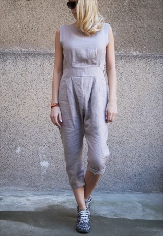 LINEN JUMPSUIT BODYSUIT BEIGE DROP CROTCH OPEN BACK F1676
