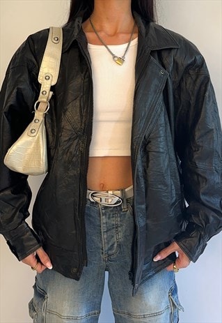 Vintage 90s Cuir Bhogal Genuine Leather Black Bomber Jacket