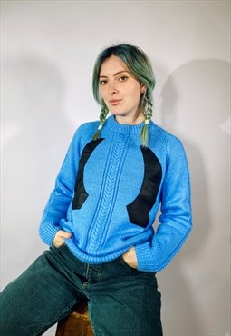 Vintage Size L Patch Detail Chunky Knit Jumper in Blue