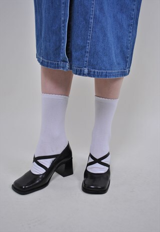 80S BLACK MARY JANES SHOES, VINTAGE HEEL LACE BOOTIES