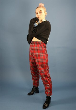 HIGH WAIST RED TARTAN CHECK TROUSERS