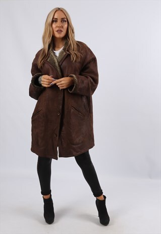 VINTAGE SHEEPSKIN LEATHER SHEARLING COAT MID UK 16 XL (KJ3B)