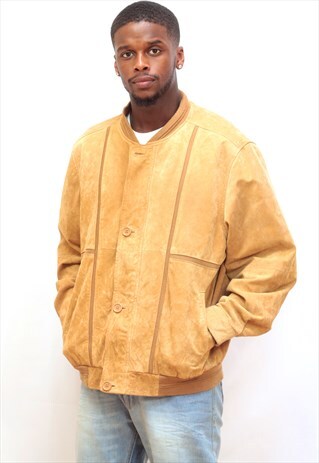 1990'S VINTAGE LIGHT TAN PANELLED SUEDE BOMBER JACKET
