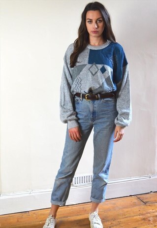 80S VINTAGE GREY AND BLUE ABSTRACT PATTERN KNIT JUMPER