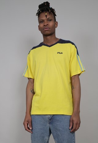 VINTAGE 90'S FILA V NECK YELLOW T-SHIRT
