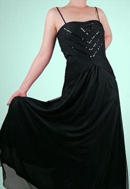 Vintage 90's Y2K Black Sequins Glam Tulle Maxi Dress