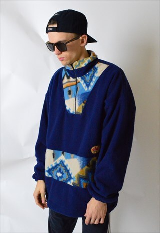 VINTAGE 90S NAVY BLUE AZTEC 1/3 ZIPPER FLEECE JUMPER