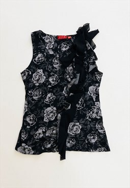 Vintage Elle Y2k Sleeveless Monochrome Ruffle V-neck Top M