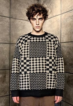 Check print sweater knitted retro chess board jumper black