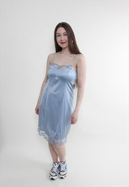 Vintage Aubade night gown, blue slip dress, lace dress