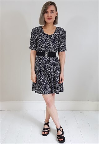 VINTAGE 90'S NAVY BLUE BEIGE FLORAL BUTTON DOWN PLAYSUIT