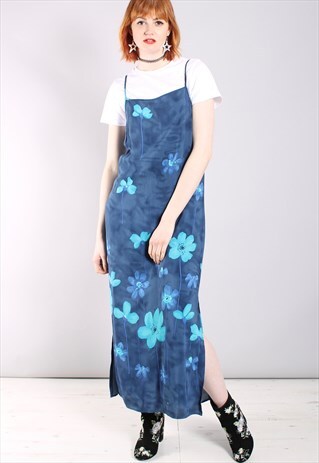 VINTAGE 90S BLUE FLORAL STRAPPY MAXI PINAFORE DRESS
