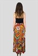 70'S VINTAGE LADIES SKIRT MAXI BROWN/RED MULTI PRINT SMALL