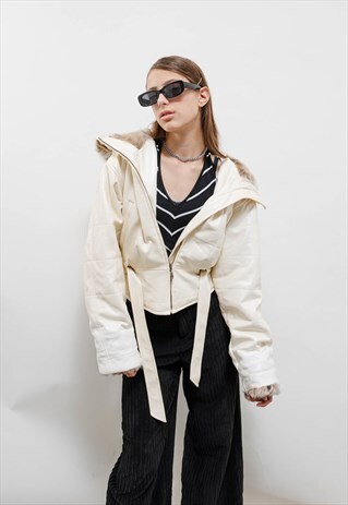 VINTAGE Y2K WHITE METALLIC FAUX FUR PUFFER JACKET WOMEN S/M