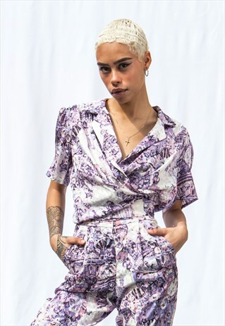 MULTI TIE WRAP BUTTONED BLOUSE WITH LILAC ABSTRACT PRINT