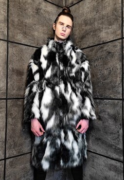 Tie-dye faux fur coat gradient fluffy trench jacket in black