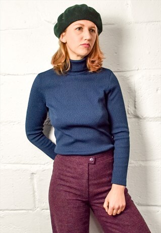 VINTAGE 70S BLUE RIBBED ROLL NECK JUMPER